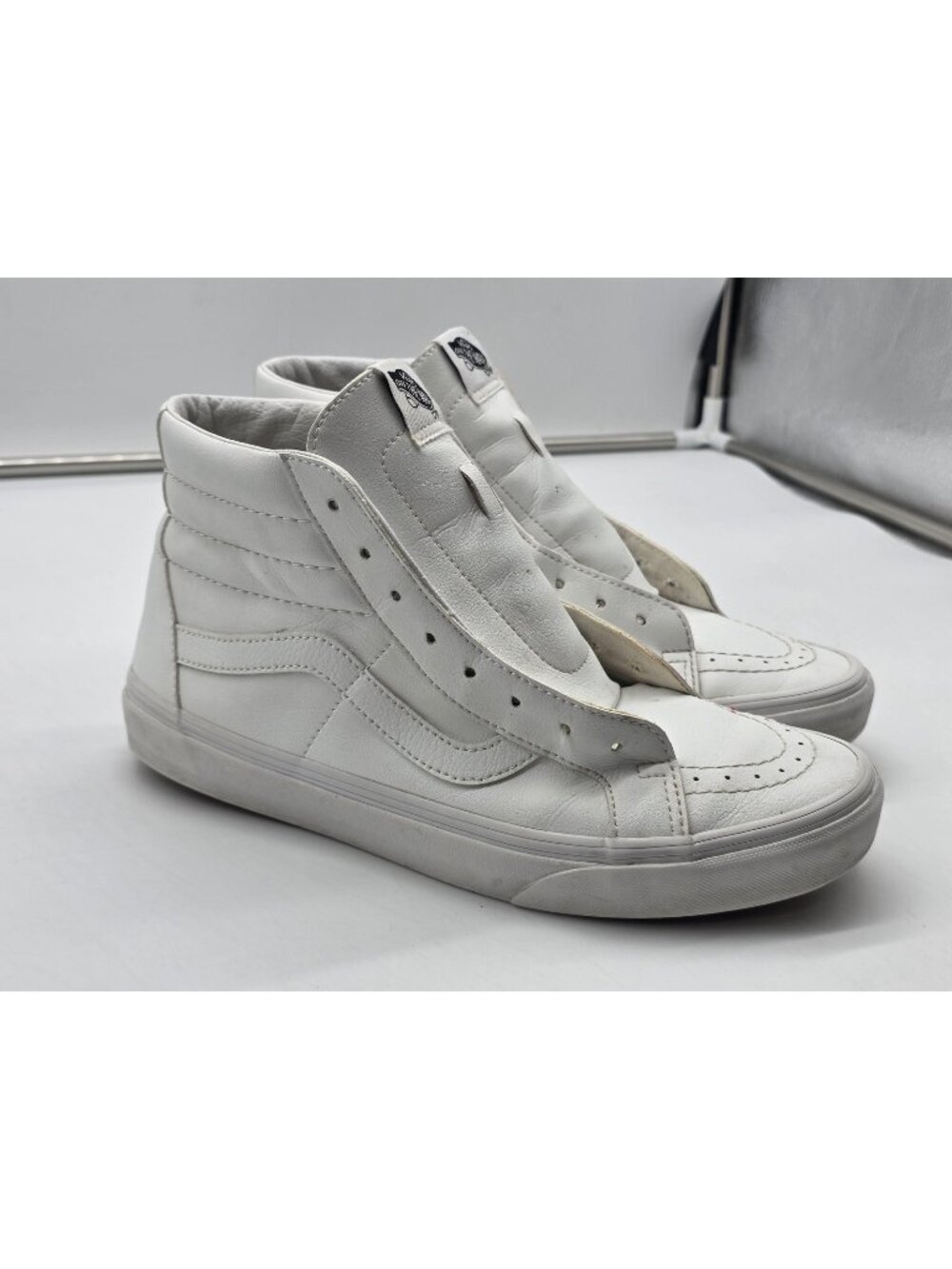 Vans Sk8-Hi Shoes Mens Size 9 White Leather High Top Damaged Skate Sneakers
